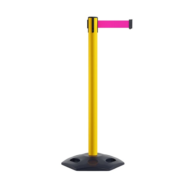 Montour Line Stanchion Belt Barrier Rubber Base Yellow Post 7.5ftFl.Pnk Belt - P400RB-YW-FPK-75