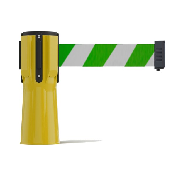 Montour Line Retractable Belt Barrier Cone Mount Yellow Case 11ft. Grn/Wh Belt - CP100-YW-GWD-110
