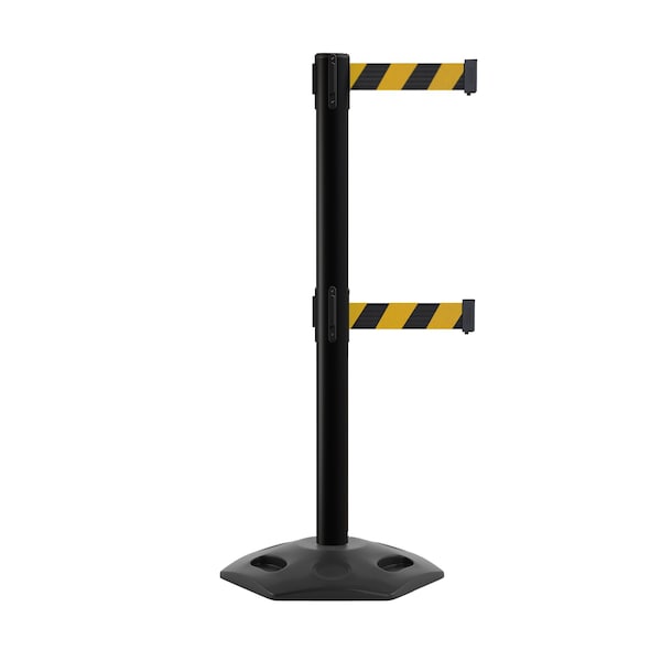 Montour Line Stanchion Dual Belt Barr. Rubber Base Black Post 7.5ftBlk/Ye Belt - P400DHDRB-BK-BYD-75
