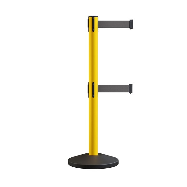 Montour Line Retractable Dbl Belt Rolling Stanchion, 2.5in YW Post  7.5'Dk Gry Belt - ES400D-YW-DGY-75