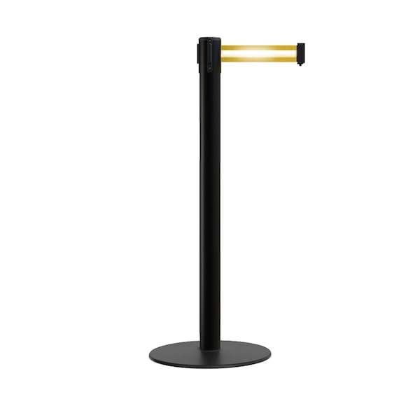 Montour Line Stanchion Belt Barrier Flat Base Black Post 7.5 ft Yel/Reflect HL Belt - S400-BK-YRH-75