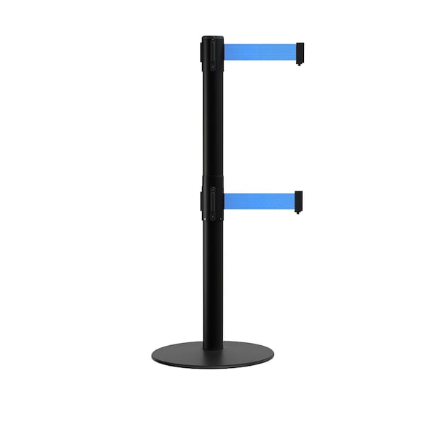 Montour Line Stanchion Dual Belt Barrier Flat Base Black Post 13ft. Lt Blue Belt - S400D-BK-LBL-130