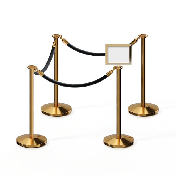 Montour Line Stanchion Post & Rope Kit Pol.Brass, 4FlatTop 3Blk Rope 8.5x11H Sign - 3PBFLTAP8511H3PVBKPB