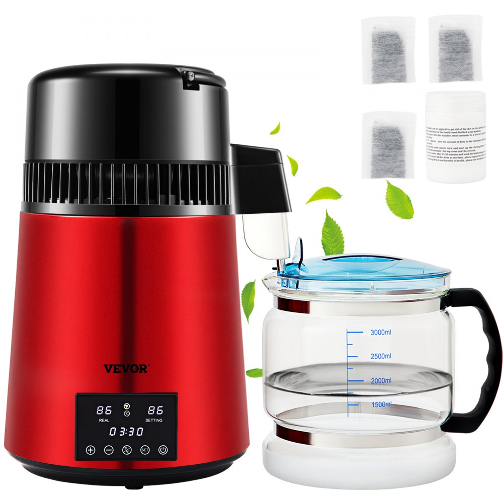 VEVOR 1.1Gal Water Distiller, 0.3Gal/H, 750W Distilled Water Maker Machine 0-99H Timing Dual Temp Display, 304 Stainless Steel Countertop Distiller Glass Carafe Cleaning Powder 3 Carbon Packs, Red - DSDW1LH4L110VWK8PV1