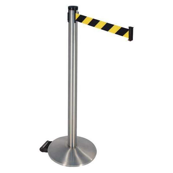 Retracta-Belt Barrier Post with Belt, Gray, 10 ft Length, 40 in Post Height, No Legend, Satin Chrome - 304SASS-BYD