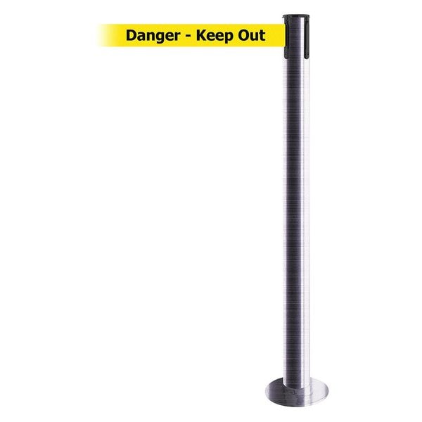 Tensabarrier Barrier Post with Belt, 13 ft Length, 36 1/2 in Post Height, Danger Keep Out, Satin Chrome - 889F-1S-1S-MAX-NO-YDX-C