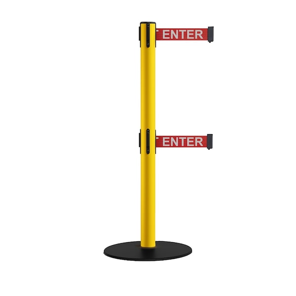 Montour Line Retractable Dbl Belt 2.5 YW Post , Low Base, 9' R.Cau.Belt - S400D-YW-CAURW-90