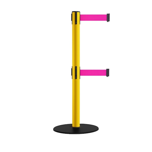 Montour Line Retractable Dbl Belt 2.5" YW Post , Low Base, 9' Fl.Pnk Belt - S400D-YW-FPK-90
