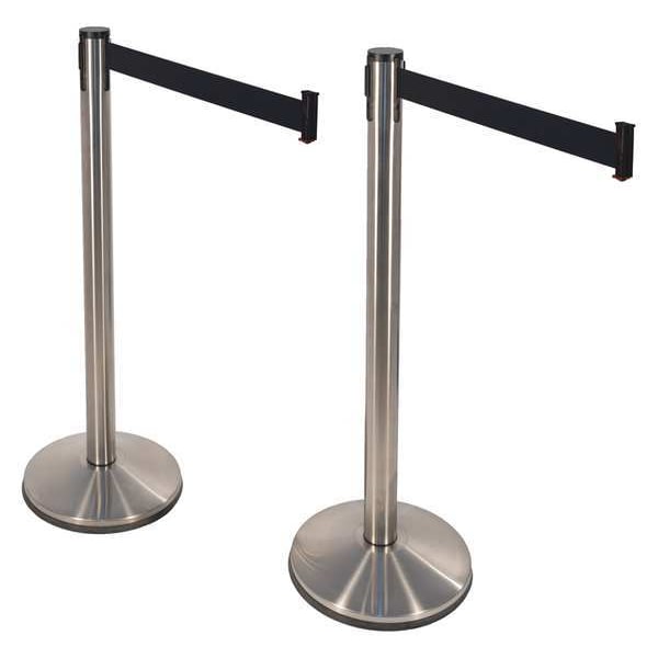 Retracta-Belt Prime Barrier Post with Belt, Silver, 10 ft Length, 40 in Post Height, No Legend, Satin Stainless Steel - 100SS1-BK-2PK