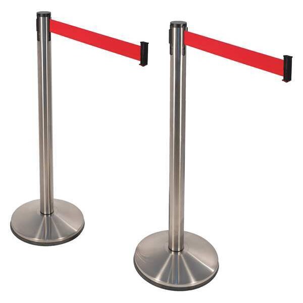 Retracta-Belt Prime Barrier Post with Belt, Silver, 10 ft Length, 40 in Post Height, No Legend, Satin Stainless Steel - 100SS1-RD-2PK