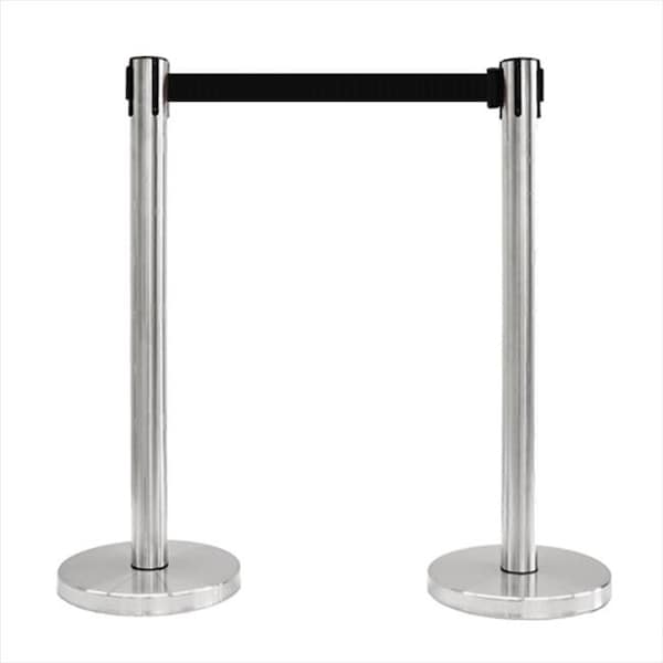 Vic Crowd Control Inc VIP Crowd Control 1118-10 14 in. Flat Base Satin Stainless Post & Cover Retractable Belt Stanchion - 10 ft. Black Belt - 1118-10