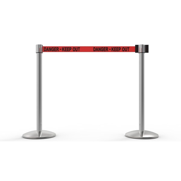 Banner Stakes Retractable Belt Barrier, Red, 7 ft Length, Polished Chrome - AL6206C