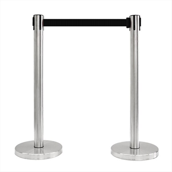 Captain Cold 14 in. Flat Base Satin Stainless Post & Cover Retractable Belt Stanchion - 6.5 ft. Black Belt - CA2043281