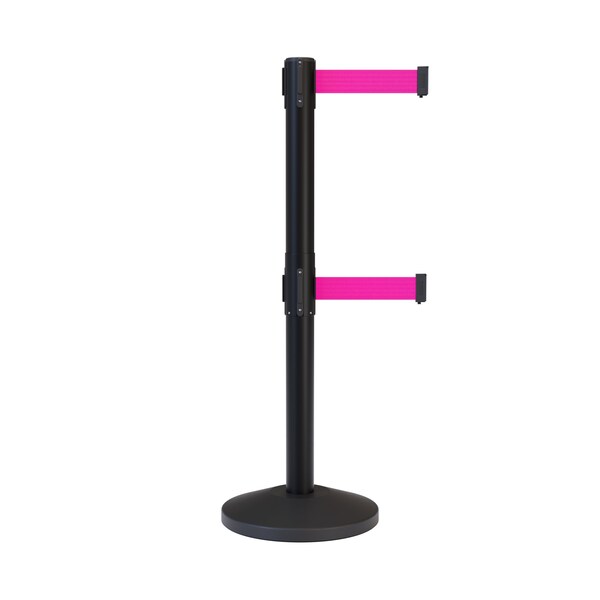Montour Line Stanchion Dual Belt Barrier Black Post 9ft. Fl.Pnk Belt - ES400D-BK-FPK-90