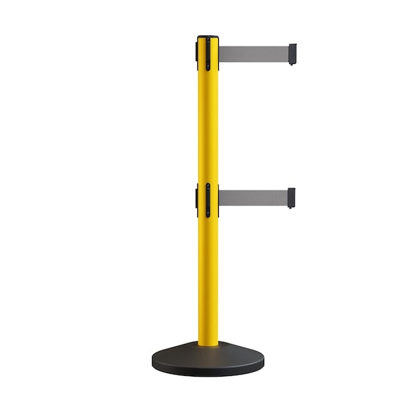 Montour Line Stanchion Double Belt Barrier Yellow Post  13ft. Light Grey Belt - ES400D-YW-LGY-130