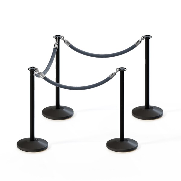 Montour Line Stanchion Post and Rope Kit Black, 4 Flat Top 3 Gray Rope - 4-BK-FL-3-PVR-GY-PS