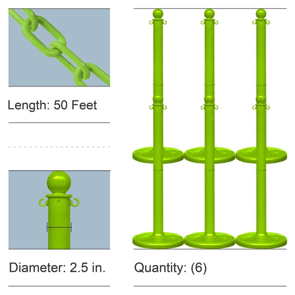 Mr. Chain Sfty Grn Medium Duty Stowable Stanchion Kit and Chain, 6PK - 73714-6