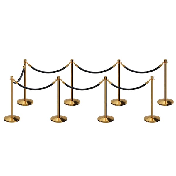 Montour Line Stanchion Post and Rope Kit Pol.Brass, 8 Crown Top 7 Black Rope - C-KIT-8-PB-CN-7-ER-BK-PB
