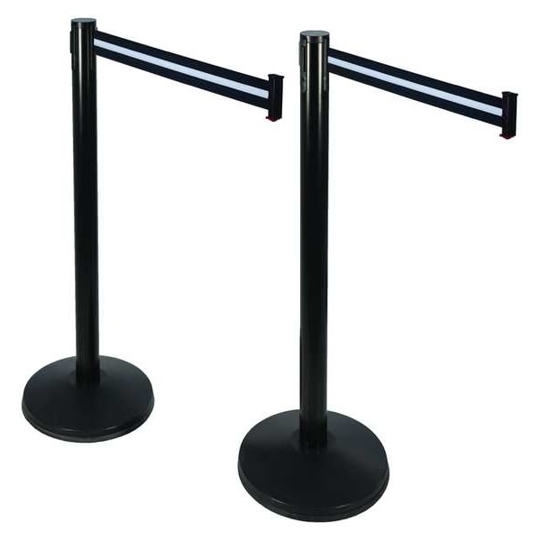 Retracta-Belt Prime Barrier Post with Belt, Black, 10 ft Length, 40 in Post Height, No Legend, Black - 101SB-BW-2PK