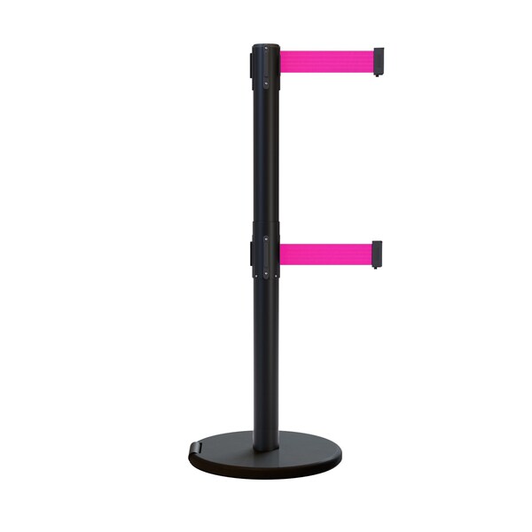 Montour Line Retractable Double Belt Rolling Stanchion, Fluorescent Pink, 9 ft Length, 2.5 ft Post Height - P400DRL-BK-FPK-90