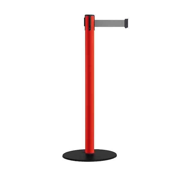 Montour Line Retractable Belt Stanchion, Low Base, 2.5" Red Post  11' Lt Gry Belt - S400-RD-LGY-110