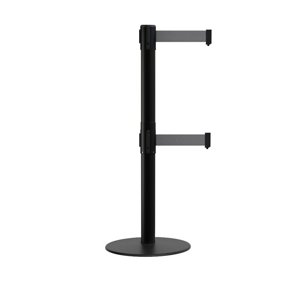 Montour Line Stanchion Dual Belt Barrier Flat Base Black Post 11ft.Dk Gray Belt - S400D-BK-DGY-110