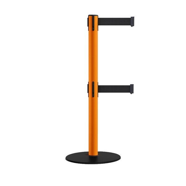 Montour Line Retractable Dbl Belt 2.5" Orange Post , Low Base, 9' Black Belt - S400D-OR-BK-90
