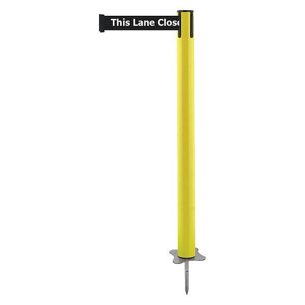 Tensabarrier Barrier Post with Belt, Yellow, 7 1/2 ft Length, 43 in Post Height, This Lane Closed, Unfinished - 884-35-STD-BDX-C
