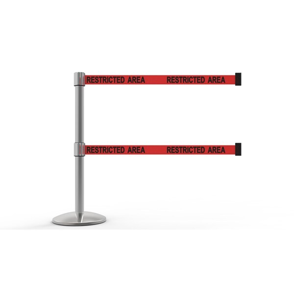 Banner Stakes Retractable Belt Barrier, Red, 7 ft Length, Polished Chrome - AL6105C-D