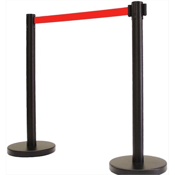Captain Cold 14 in. Flat Base Black Post & Cover Retractable Belt Stanchion - 6.5 ft. Red Belt - CA2013967