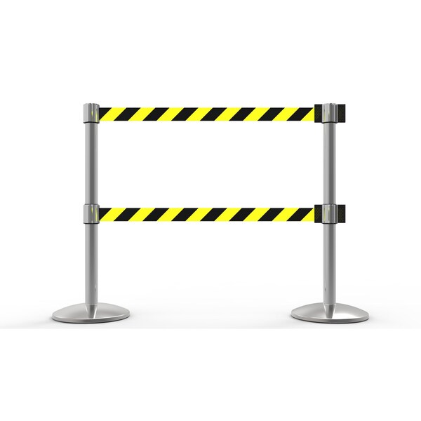 Banner Stakes Retractable Belt Barrier, Yellow/Black, 7 ft Length, Polished Chrome - AL6203C-D