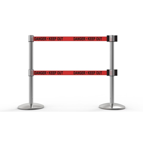 Banner Stakes Retractable Belt Barrier, Red, 7 ft Length, Polished Chrome - AL6206C-D