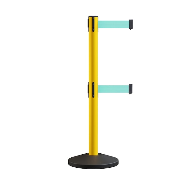 Montour Line Stanchion Double Belt Barrier Yellow Post  13ft. Light Green Belt - ES400D-YW-LGN-130