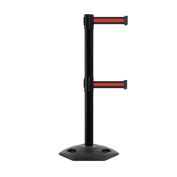 Montour Line Stanchion Dual Belt Barr. Rubber Base Black Post 7.5ftBk/R H Belt - P400DRB-BK-BRH-75