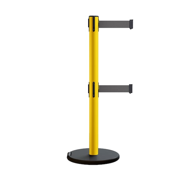 Montour Line Retractable Belt Dbl Rolling Stanchion 2.5ft Yellow Post  11ft. Dk Gry - P400DRL-YW-DGY-110