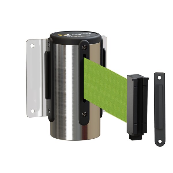Montour Line Retr. Belt Barrier Wall Mnt Pol. Stainless Case Fxd, 11' Olive Belt - MWM100-PS-OL-F-S-110