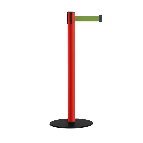 Montour Line Retractable Belt Stanchion, Low Base, 2.5" Red Post  9' Olive Belt - S400-RD-OL-90