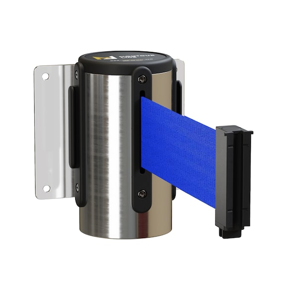 Montour Line Retractable Belt Barrier Wall Mount PSteel Case Fixed 14ft Blue Belt - MWM150-PS-BL-F-S-140