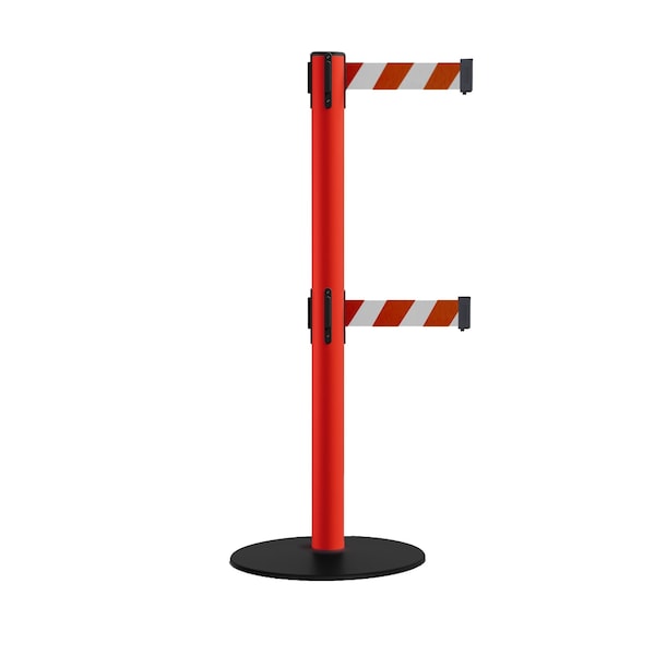 Montour Line Retractable Dbl Belt 2.5" Red Post , Low Base, 9' Rd/Wh Belt - S400D-RD-RWD-90