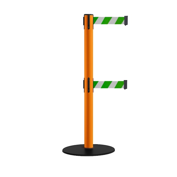 Montour Line Retractable Dbl Belt 2.5" Orange Post , Low Base, 9' Grn/Wh Belt - S400D-OR-GWD-90
