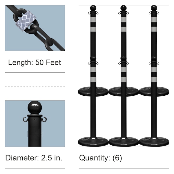 Mr. Chain Black Reflective Medium Duty Stanchions and Reflective Chain - 72150-6
