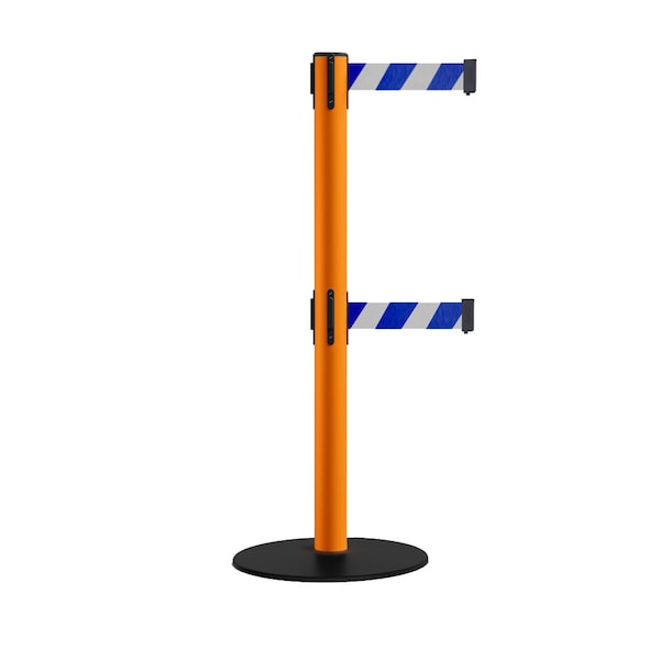 Montour Line Retractable Dbl Belt 2.5" Orange Post , Low Base, 11' Blu/Wh Belt - S400D-OR-BWD-110