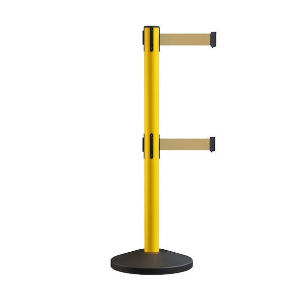 Montour Line Retractable Dbl Belt Rolling Stanchion, 2.5in YW Post  11' Lt BrwnBelt - ES400D-YW-LBN-110