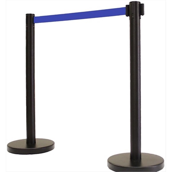 Captain Cold 14 in. Flat Base Black Post & Cover Retractable Belt Stanchion - 13 ft. Dark Blue Belt - CA2677481