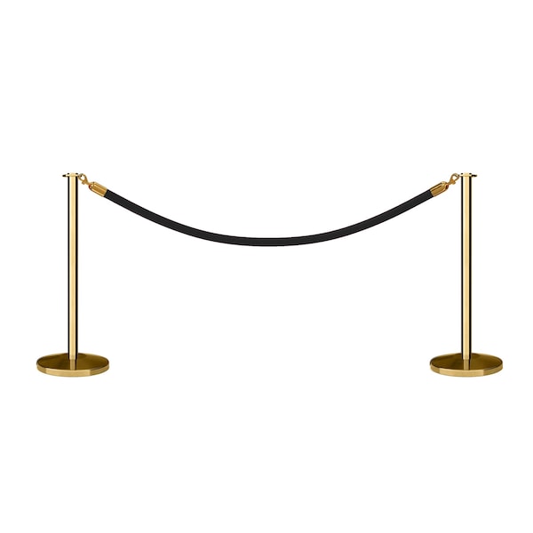 Montour Line Stanchion Post and Rope Kit Pol.Brass, 2 Flat Top 1 Black Rope - 2-PB-FL-1-ER-BK-PB