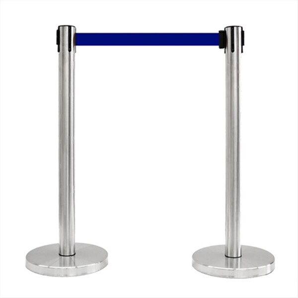Captain Cold 12 in. Flat Base Satin Stainless Post Retractable Belt Stanchion - 6.5 ft. Dark Blue belt - CA2064629