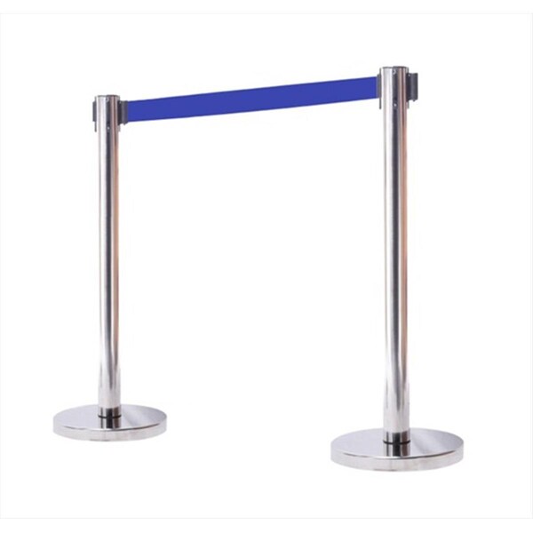 Captain Cold 14 in. Flat Base Mirror Post & Cover Retractable Belt Stanchion - 6.5 ft. Dark Blue Belt - CA583257