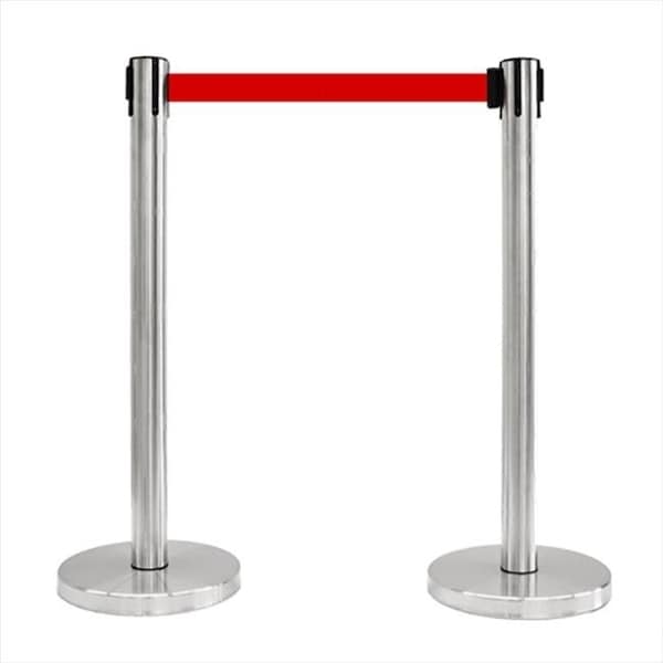 Vic Crowd Control Inc VIP Crowd Control 1119-10 14 in. Flat Base Satin Stainless Post & Cover Retractable Belt Stanchion - 10 ft. Red Belt - 1119-10