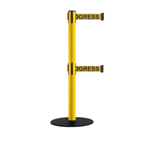 Montour Line Retractable Dbl Belt 2.5 YW Post , Low Base, 9' Clea.Belt - S400D-YW-CLEANYB-90