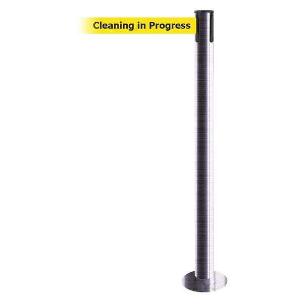 Tensabarrier Barrier Post with Belt, 7 1/2 ft Length, 36 1/2 in Post Height, Cleaning in Progress, Satin Chrome - 889F-1S-1S-STD-NO-YCX-C